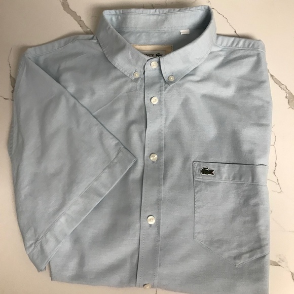 Lacoste Men’s 💯 % Cotton Button Down Short Sleeve Shirt Light Blue 2XL - Picture 1 of 8
